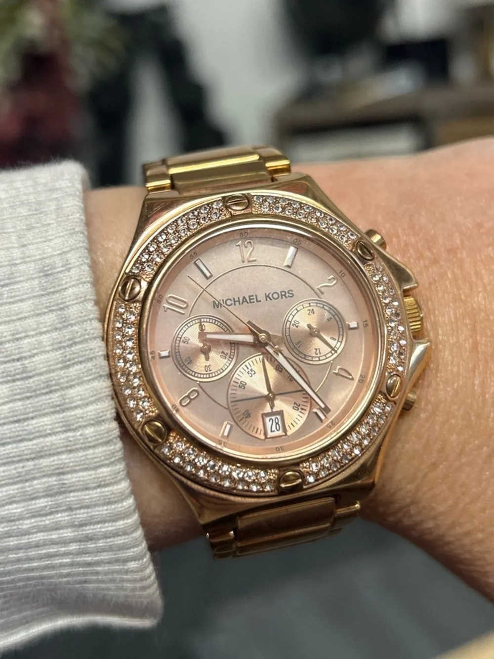 Michael Kors Rose Gold Tone Crystal Bezel Women's Chronograph Watch